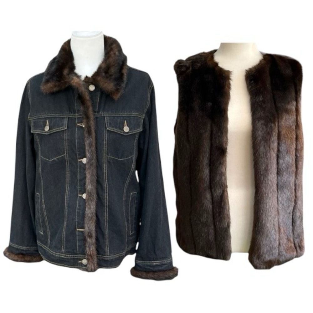 Dennis Basso 2pc Denim Jacket Faux Fur Vest Lining S